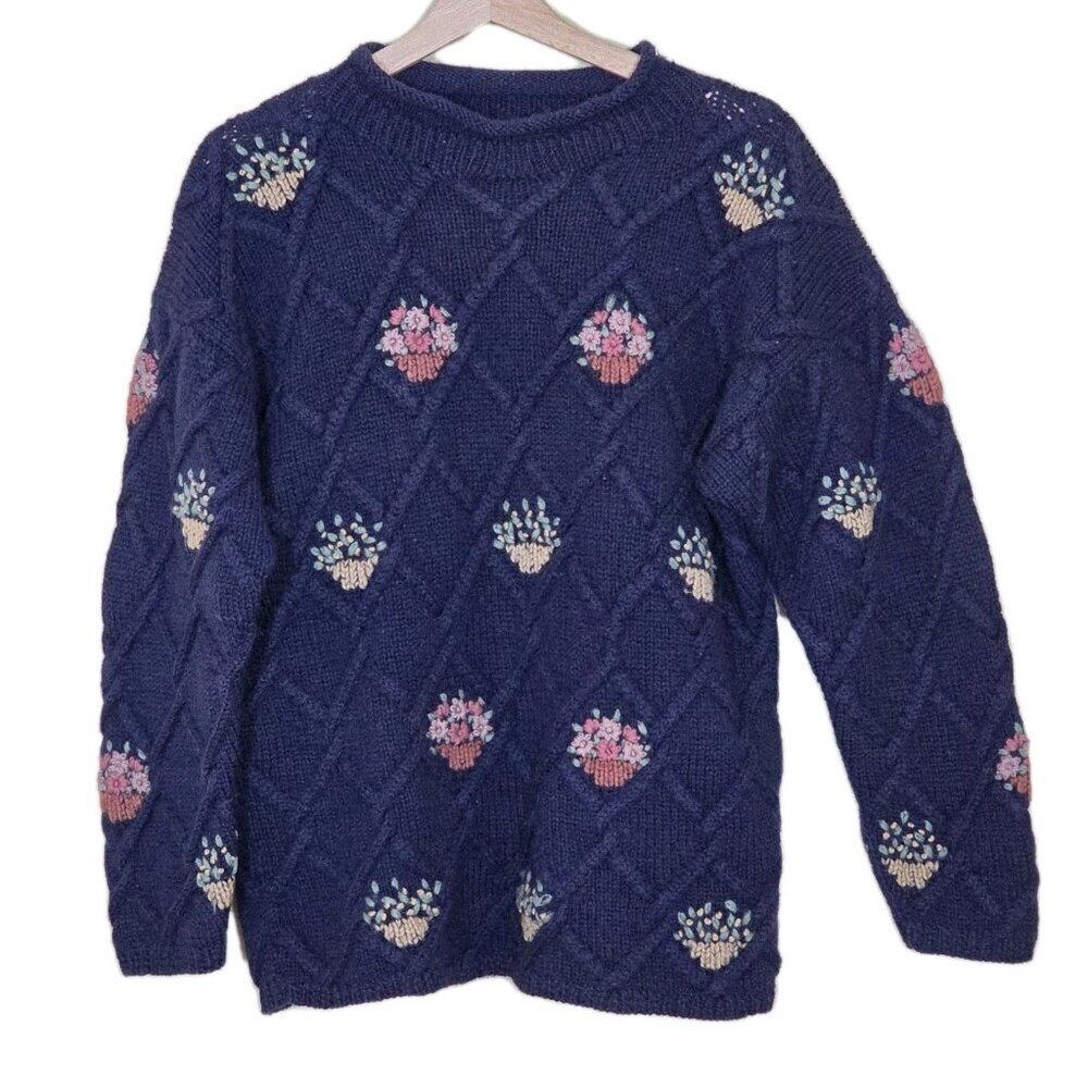 Black Plum Sweater Women S Navy Floral Basket Roll Neck Cable Knit LS Wool Vtg